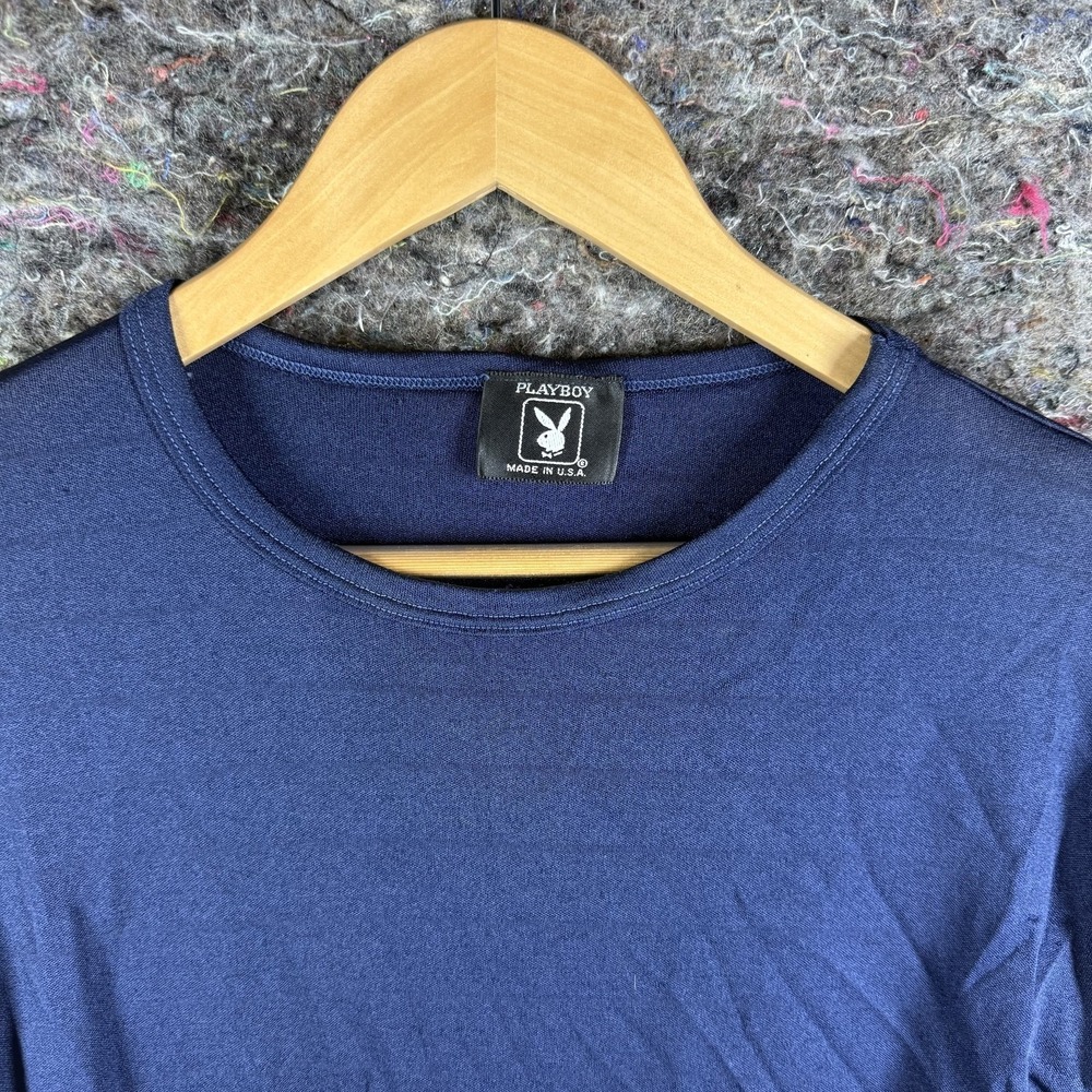 Playboy T-Shirt Womens Navy‎ Blue Vintage Made in USA Cap Sleeve - Picture 2 of 10